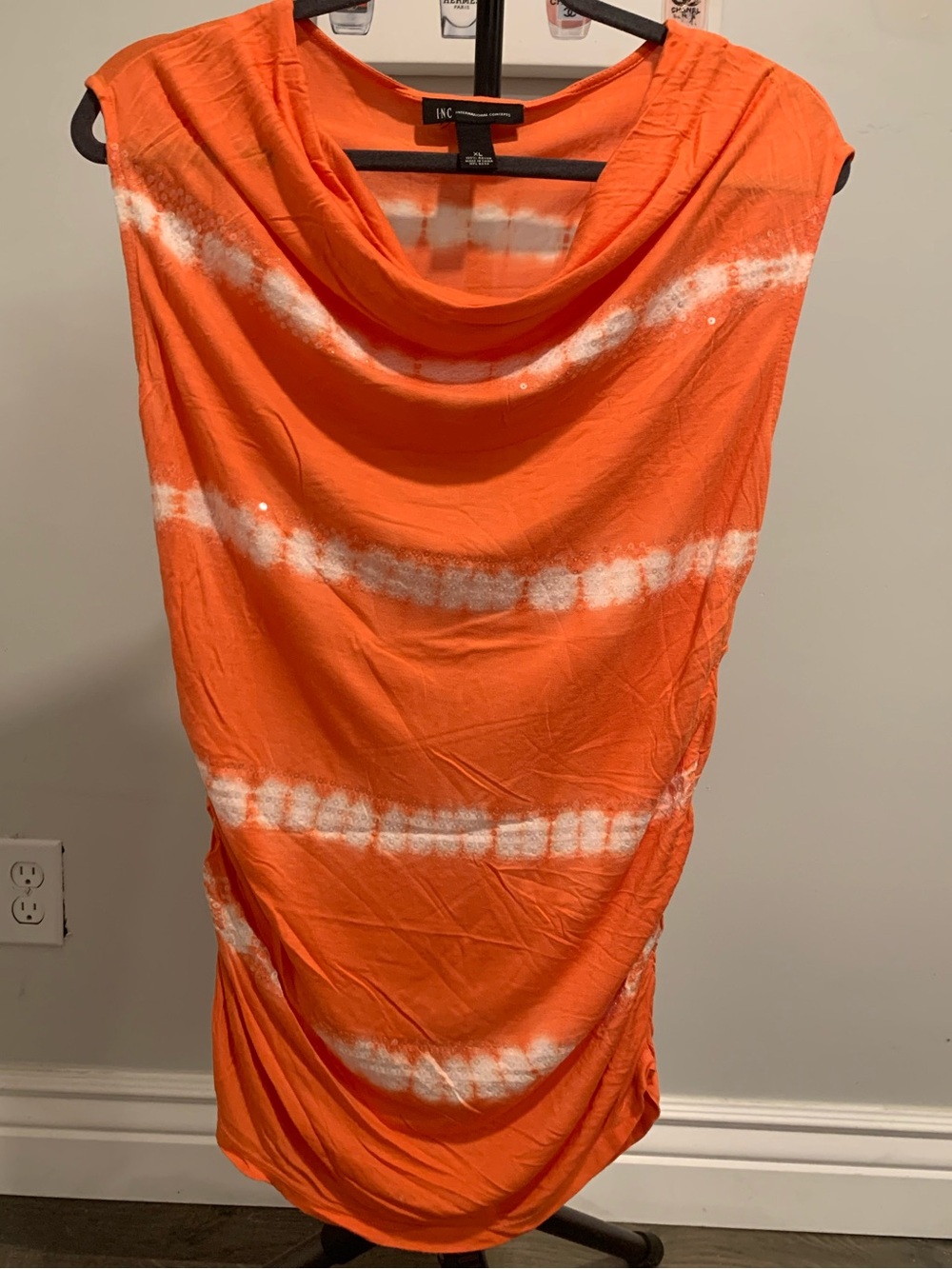 INC International Concepts Orange and White Tie-Dye Cowl Neck Top - GB049